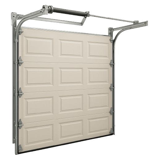 Beige Sectional Garage Door with Steel Track System A beige sectional garage door with rectangular panels, mounted on a steel track system with torsion spring support.