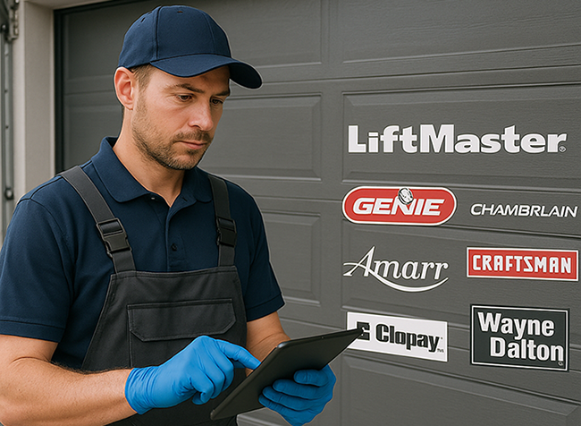 Trusted Repairs for All Major Garage Door Brands in The Woodlands TX Garage door technician servicing opener with logos of LiftMaster, Genie, Chamberlain, Amarr, Craftsman, Clopay, and Wayne Dalton