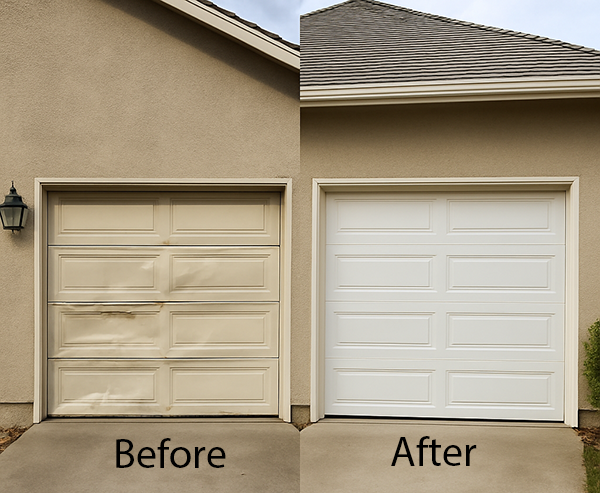 Before and After Garage Door Repair Comparison bt Garage Door Repair The Woodlands TX A side-by-side comparison showing a damaged garage door on the left and a newly repaired white garage door on the right, both installed on a beige house exterior.