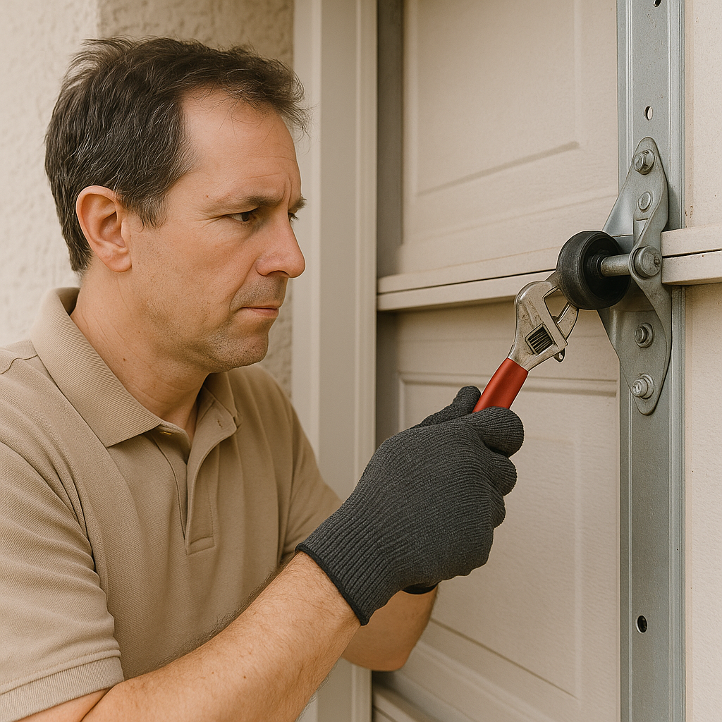 Garage Door Technician Tightening Roller Assembly Focused technician adjusting a garage door roller with a wrench and gloves
