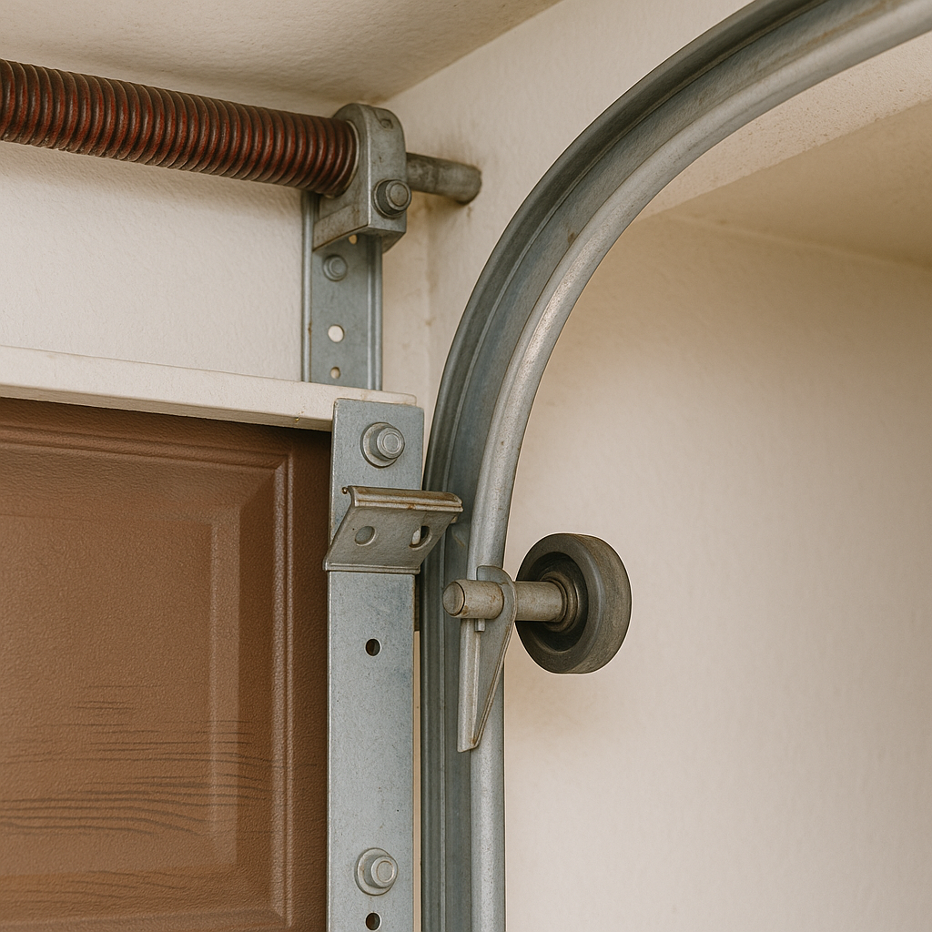 Close-Up of Garage Door Roller and Track System Detailed view of a garage door’s upper roller assembly and curved metal track with a brown panel