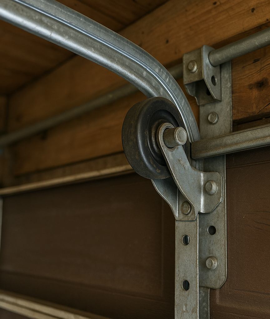Noisy Garage Door Mechanism Close-Up A high-resolution close-up photograph showing the upper track and roller assembly of a garage door system. The worn metal components and vibration marks on the brown panel indicate a noisy mechanism needing maintenance.