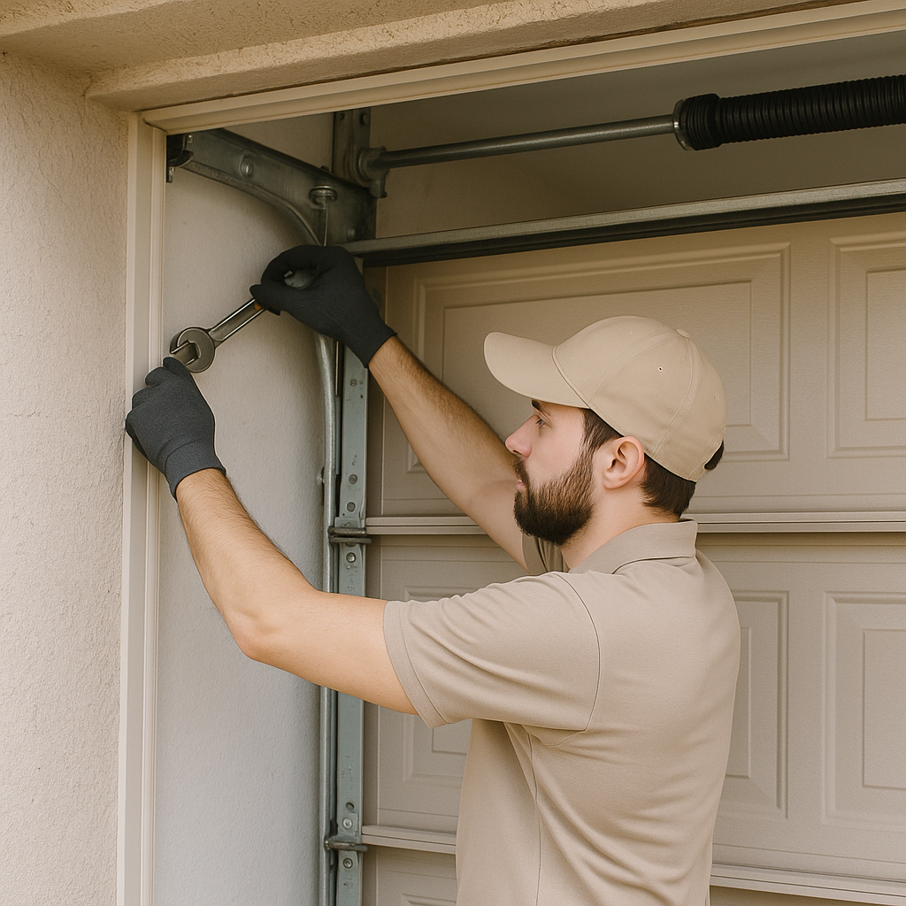 Technician Repairing Garage Door Track Professional garage door technician adjusting the track of a beige sectional door